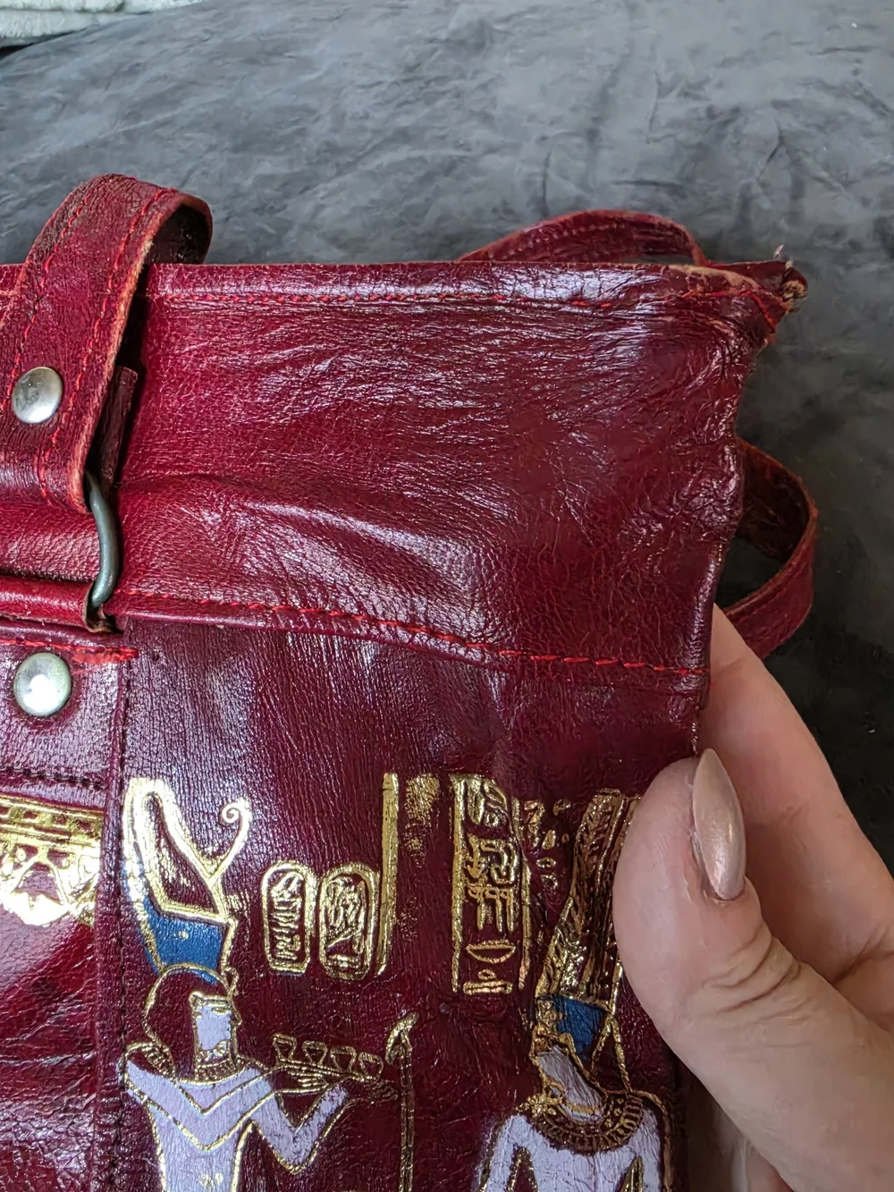 Red Egyptian Motif Leather Tote Bag - Unbranded